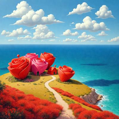 Primary subject: A beautiful landscape with a path leading to a house surrounded by red flowers.

Setting/background: The scene is set on a hillside with a blue ocean in the background.

Visual style: The image is a digital art illustration.

Colors and mood: The dominant colors are red and pink, creating a warm and inviting atmosphere.